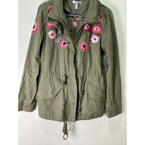 Olive Green Embroidered Floral Military Utility Jacket By Aqua Capsule Rugged - Picture 1 of 11
